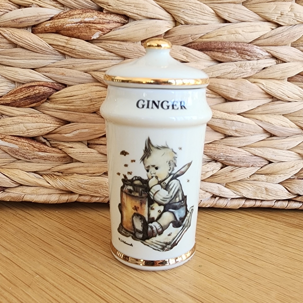 Vintage M. J. Hummel Ginger Spice Jar with Gold Accents